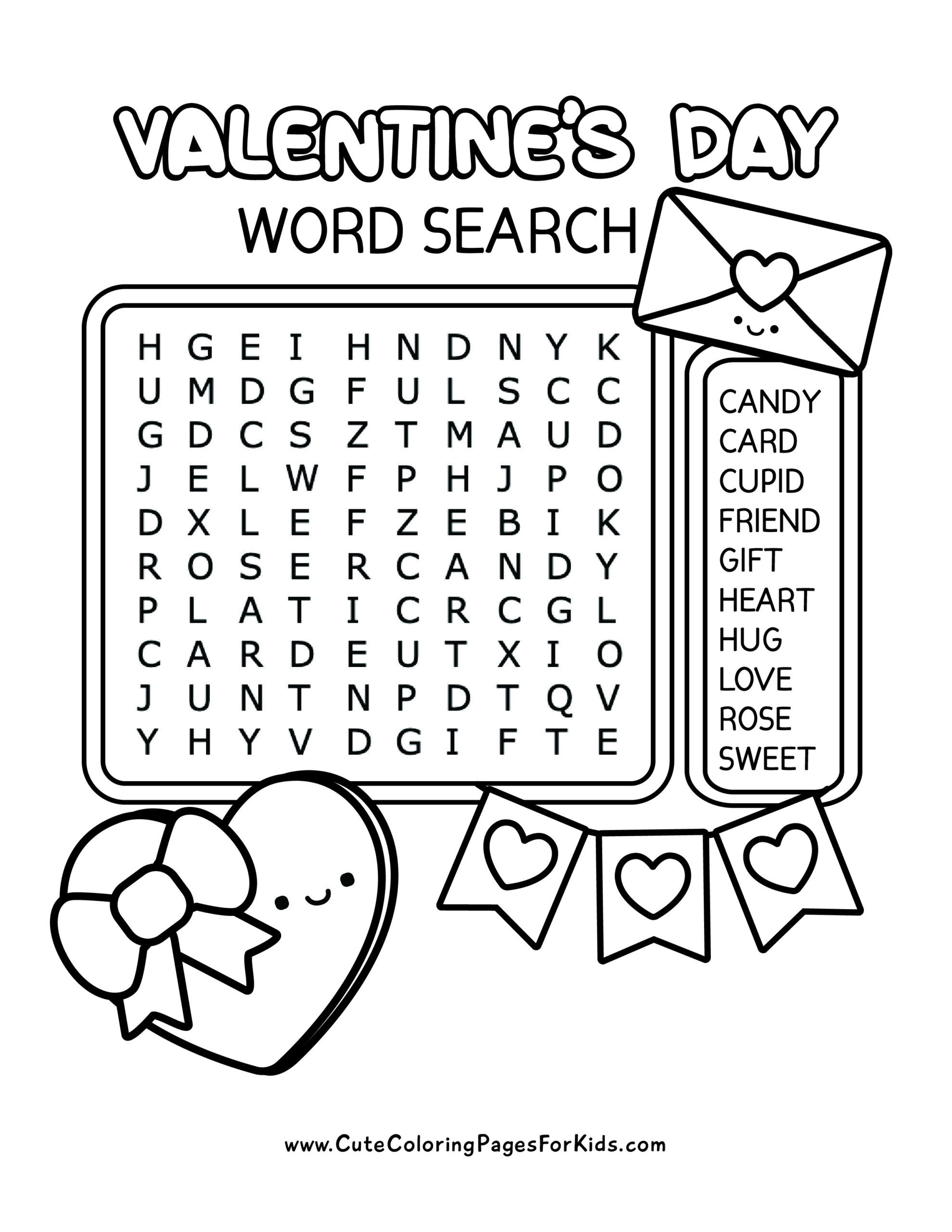 free printable valentine's day word search for kids - cute